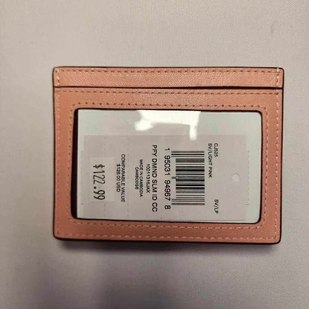 NWT Coach CJ525 Slim Id Card Case With Puffy Diamond Quilting Silver Light Pink